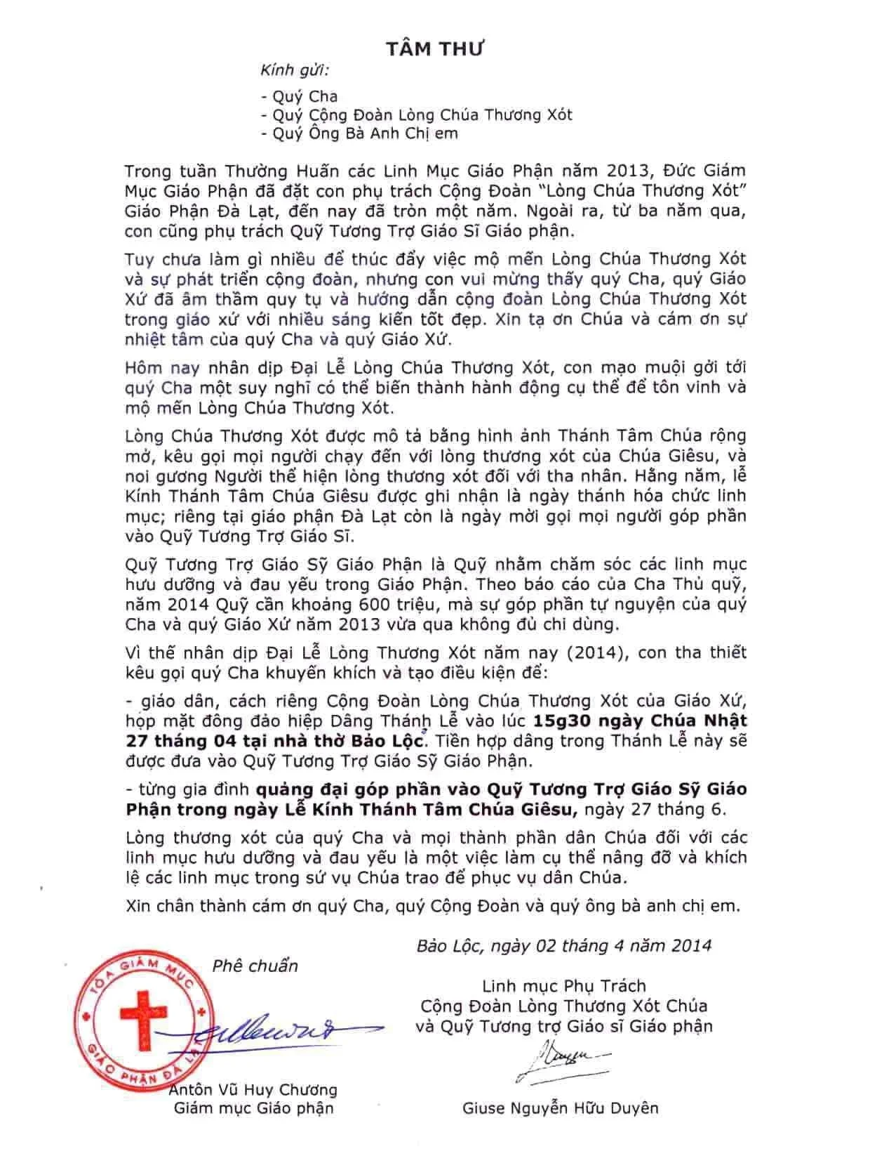 Tâm Thư Của Cha Phụ Trách Quỹ Tương Trợ Giáo Sĩ Giáo Phận Đalạt Gửi CộngĐoàn Dân Chúa