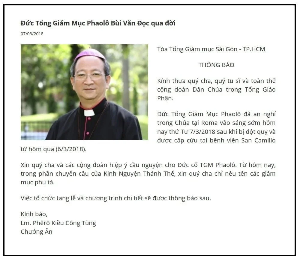 Văn phòng TGM: Đức TGM Phaolô Bùi Văn Đọc Qua Đời Tại Rôma