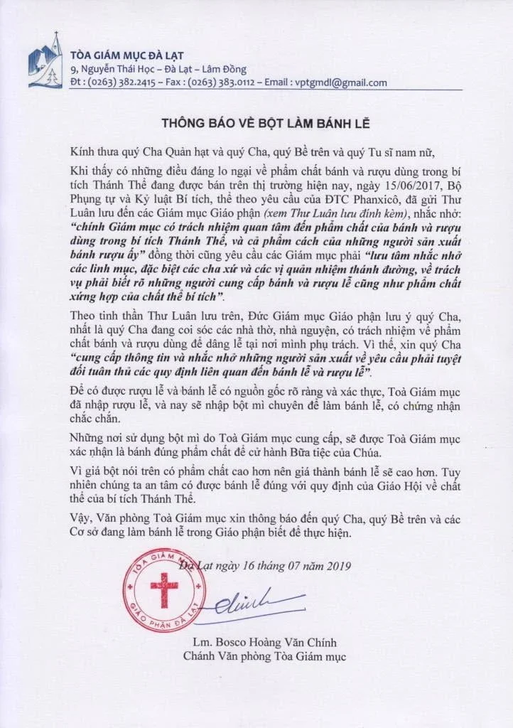 Thông Báo Của Tòa Giám Mục Dalat Về Bột Làm Bánh Lễ