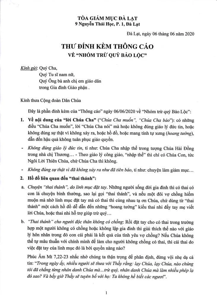 Thư Đính Kèm Thông Báo Của Tòa Giám Mục Giáo Phận Đalat V/v Nhón Trừ Quỷ Bảo Lộc