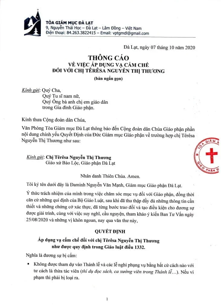 Thông Cáo: V/v Áp Dụng Vạ Cấm Chế Đối Với Chị Têrêsa Nguyễn Thị Thương