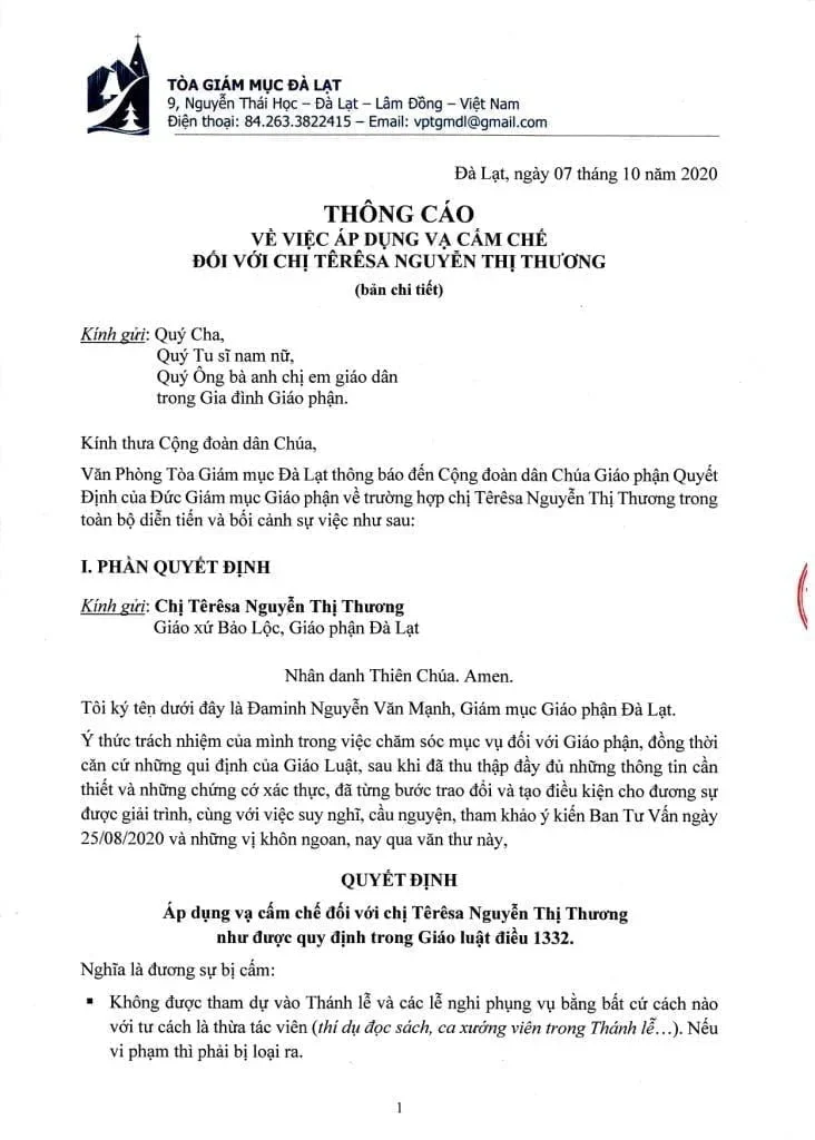 Thông Cáo: V/v Áp Dụng Vạ Cấm Chế Đối Với Chị Têrêsa Nguyễn Thị Thương -(Bản chi tiết)