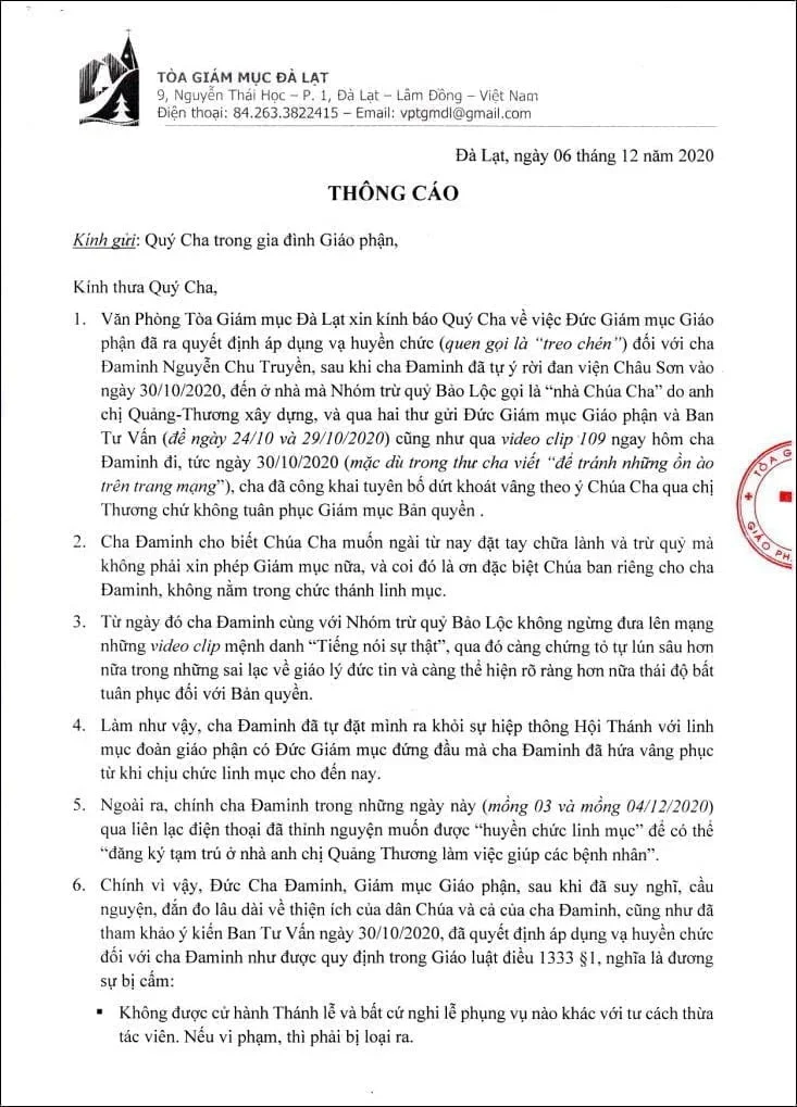 Thông Cáo Của TGM V/V ĐGM Giáo Phận Quyết Định Áp Dụng Vạ Huyền Chức Đối Với Cha Đaminh Nguyễn Chu Truyền