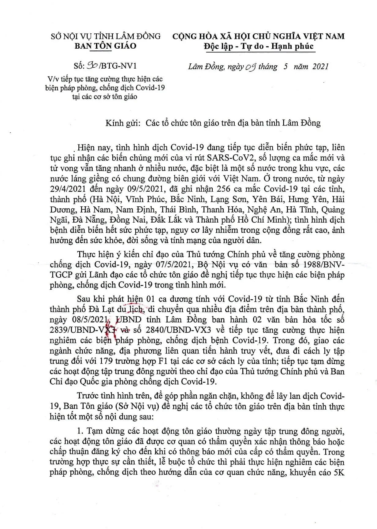 Sở Nôi Vụ Tỉnh Lâm Đồng: V/v Tiếp Tục Tăng Cường Thực Hiện Các Biện Phápphòng, Chống Dịch Covid-19 Tại Các Cơ Sở Tôn Giáo