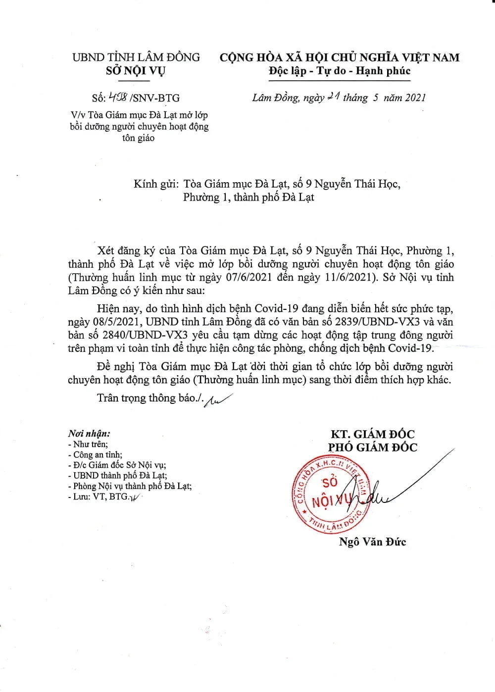 Văn Thư Ban Tôn Giáo Tỉnh Lâm Đồng Trả Lời và Đề Nghị Dời Thời Gian TổChức Lớp Thường Huấn Linh Mục Sang Thời Điểm Thích Hợp