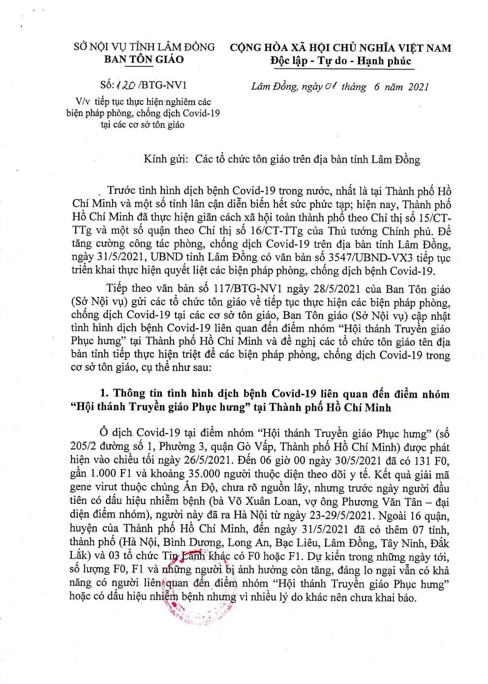 Thông Báo Của Sở Nội Vụ Tỉnh Lâm Đồng V/v tiếp tục thực hiện nghiêm cácbiện pháp phòng, chống dịch Covid-19 tại các cơ sở tôn giáo