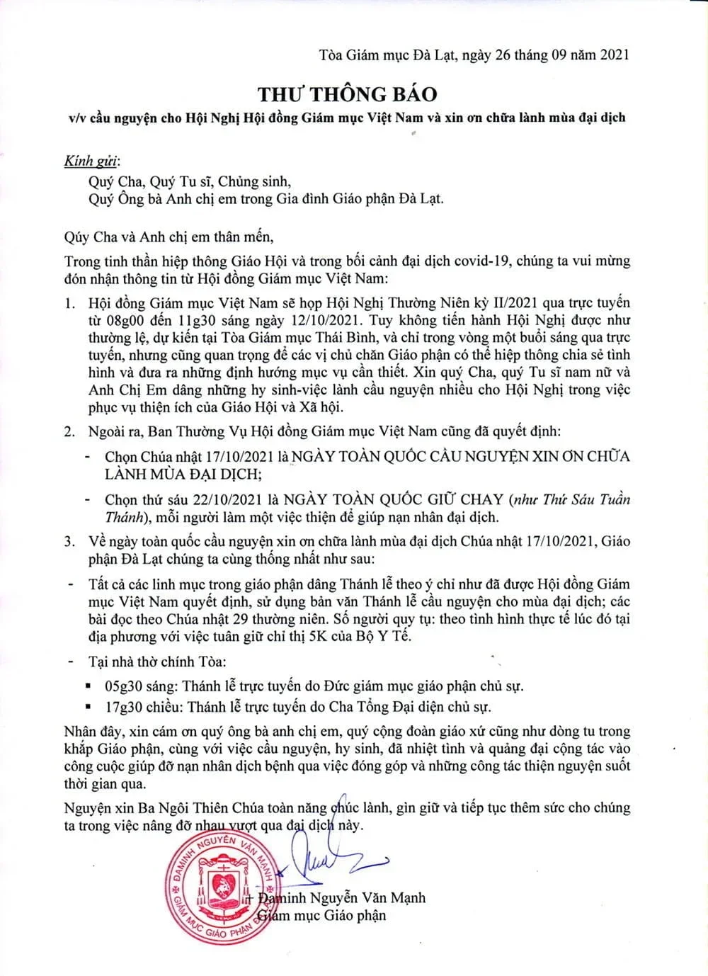 Thông Báo: v/v Cầu Nguyện Cho Hội Nghị Hội Đồng Giám Mục Việt Nam Và Xin Ơn Chữa Lành Mùa Đại Dịch