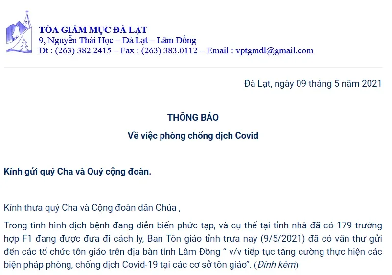 Thông Báo Của Văn Phòng TGM Đalat: V/v Phòng Chống dịch Covid