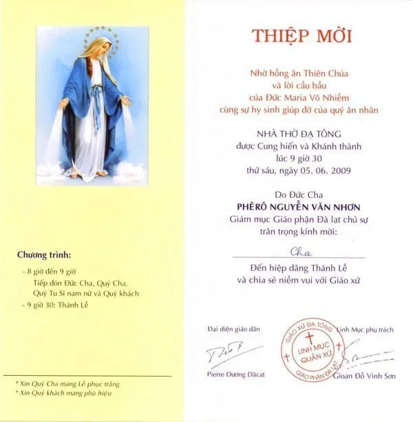 Thiệp Mời Cung Hiến & Khánh Thành Nhà Thờ Đức Mẹ Vô Nhiễm Giáo Xứ ĐạTông, Hạt Đức Trọng, Giáo Phận Đalạt, Trang 2