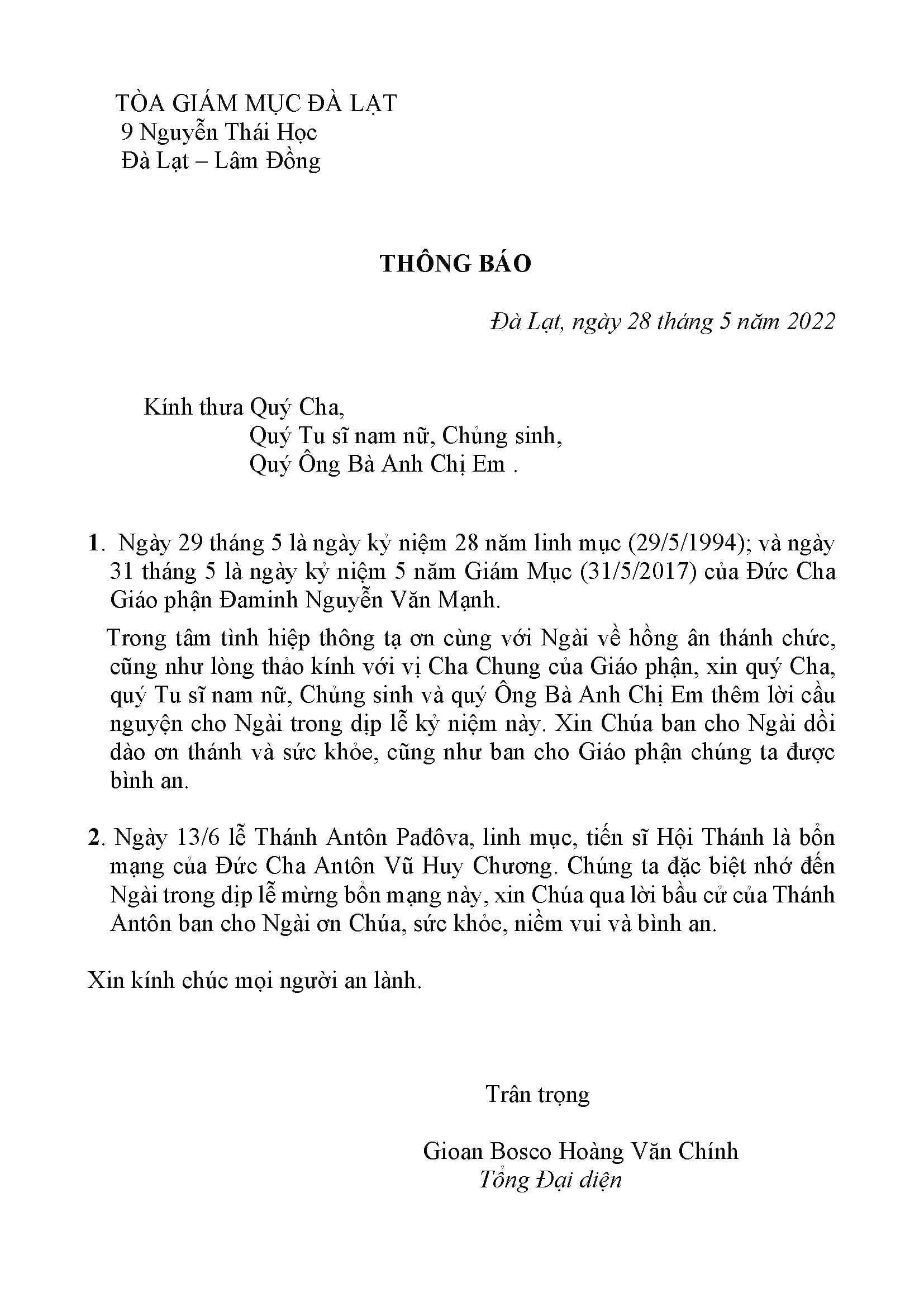 Thông báo của TGM GP Đà Lạt 28-05-2022