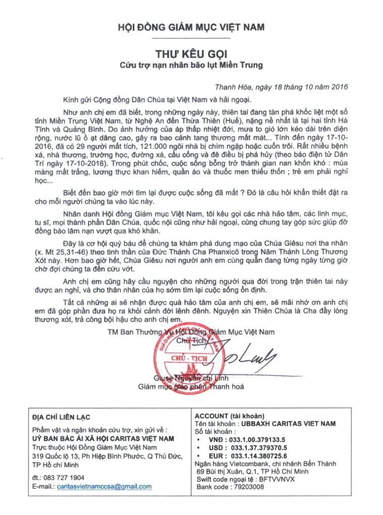 Thư kêu gọi của Đức Cha Chủ tịch HĐGMVN về việc cứu trợ nạn nhân bão lụttại Miền Trung