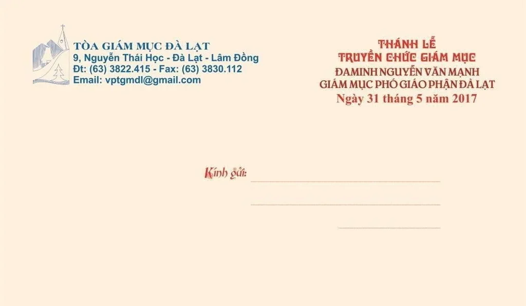 Thiệp Mời Tham Dự Lễ Truyền Chức Giám Mục Và Tiệc Mừng ĐC Đaminh Nguyễn Văn Mạnh