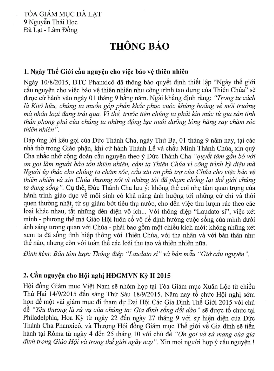 Văn Phòng TGM Đalạt: Các Ý Cầu Nguyện – Bổ Nhiệm và Lịch Thuyên Chuyển Linh Mục 1