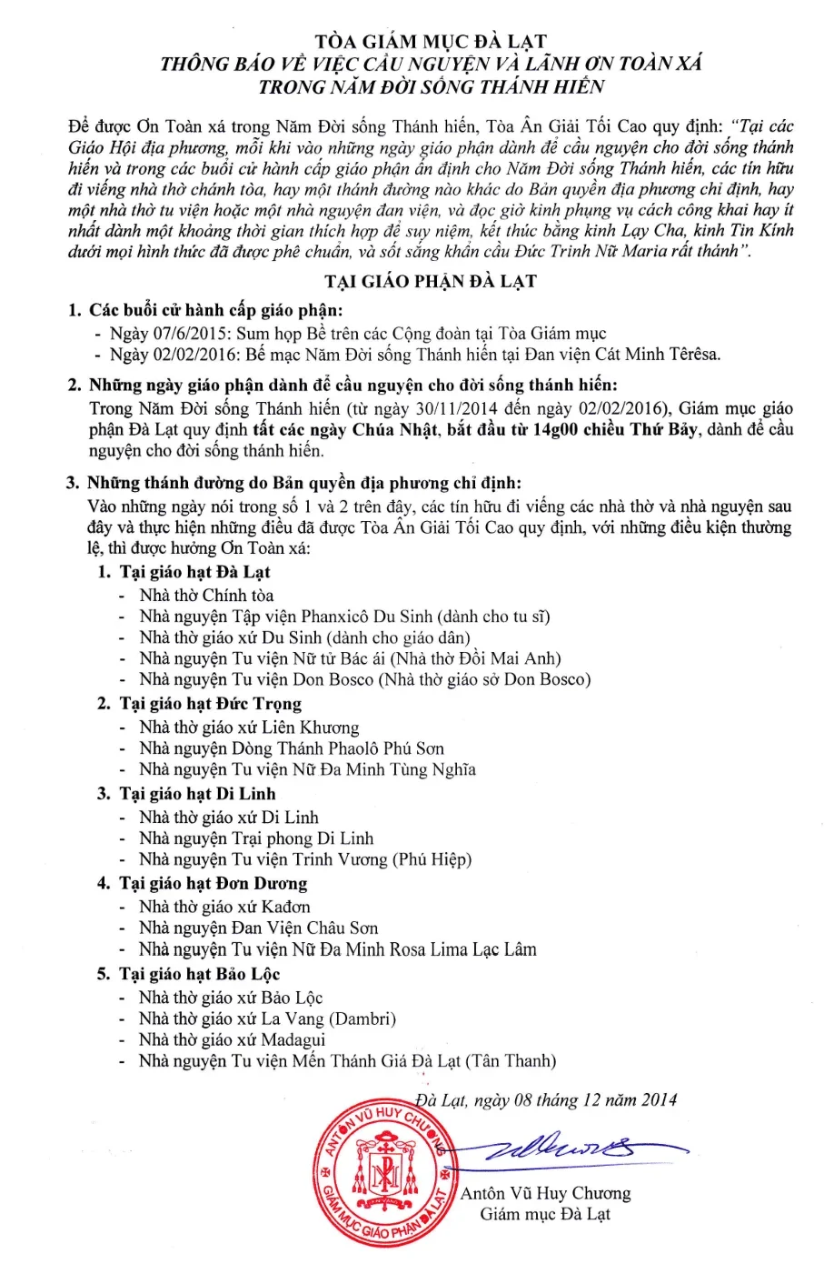 Tòa Giám Mục Đalạt: Thông Báo V/v Cầu Nguyện và Lãnh Ơn Toàn Xá Trong Năm Đời Sống Thánh Hiến