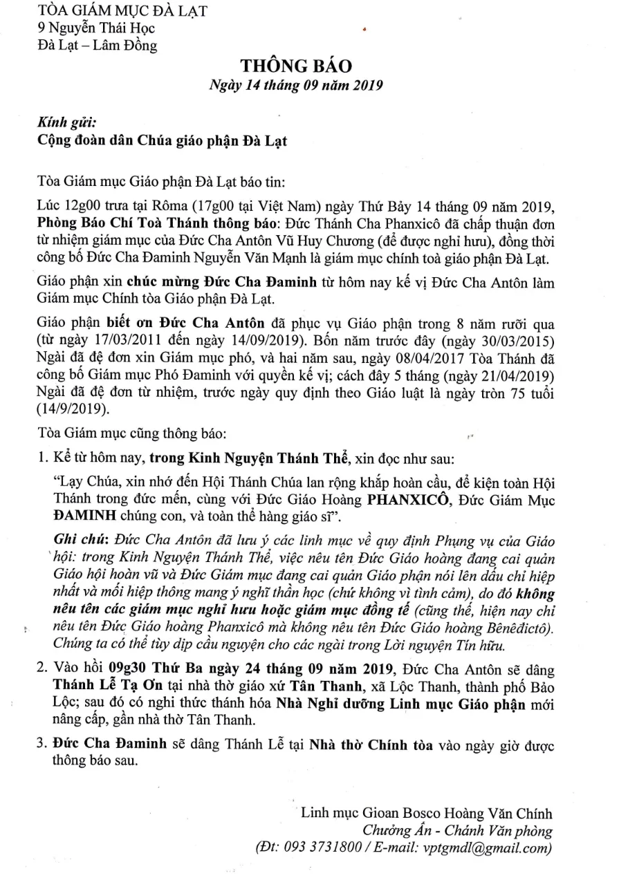 Thông Báo của Văn Phòng Tòa Giám Mục Đalat về việc Tòa Thánh chấp thuận đơn từ nhiệm của ĐC Antôn và công bố ĐC Đaminh là Giám Mục Chính Tòa Gp. Đalat