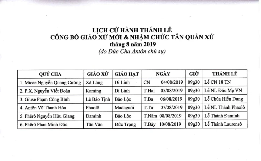 Lịch Cử Hành Thánh Lễ Công Bố Giáo Xứ & Nhậm Chức Tân Quản Xứ Tháng 8 năm 2019