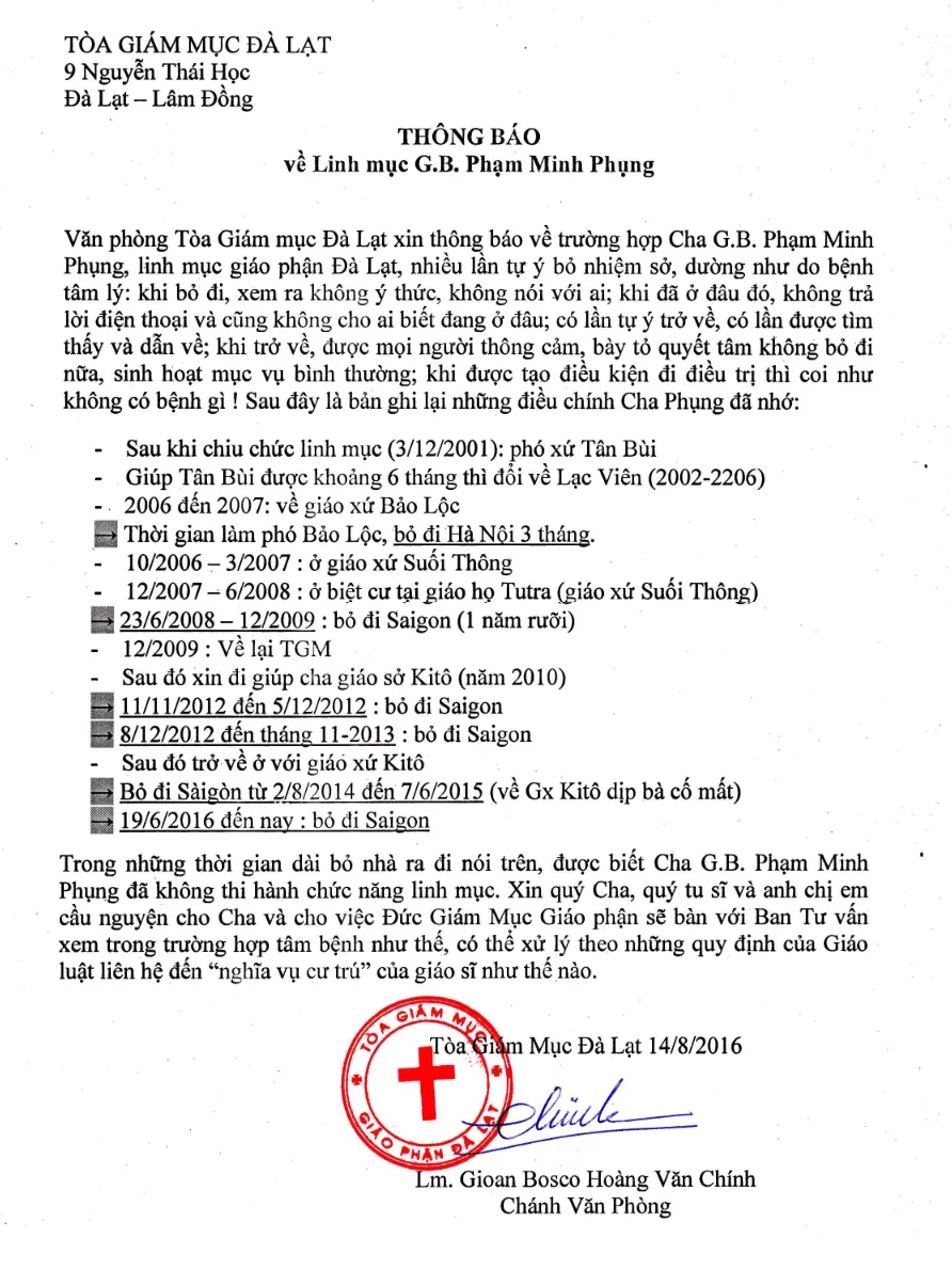 Thông Báo Của TGM Đalạt Về Linh Mục G.B. Phạm Minh Phụng