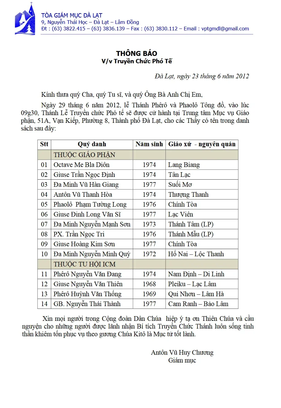 Thông báo của Tòa Giám Mục Đalạt: Lễ truyền chức Phó Tế ngày 29 tháng 6 năm 2012.