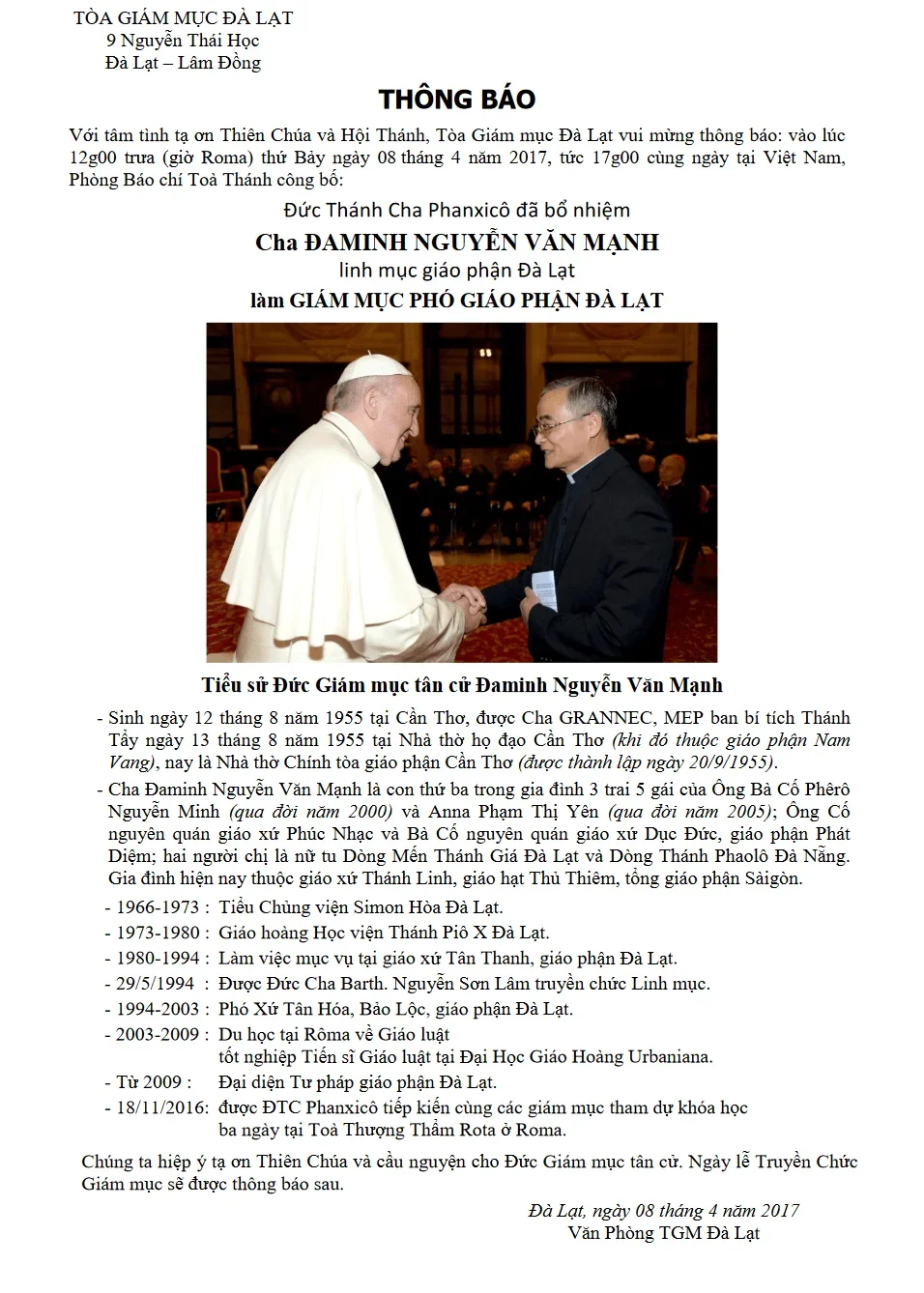 Thiệp Báo Tin Lễ Tấn Phong Đức Giám Mục Đanh Minh Nguyễn Văn Mạnh, GiámMục Phó GP Đalat (wr)
