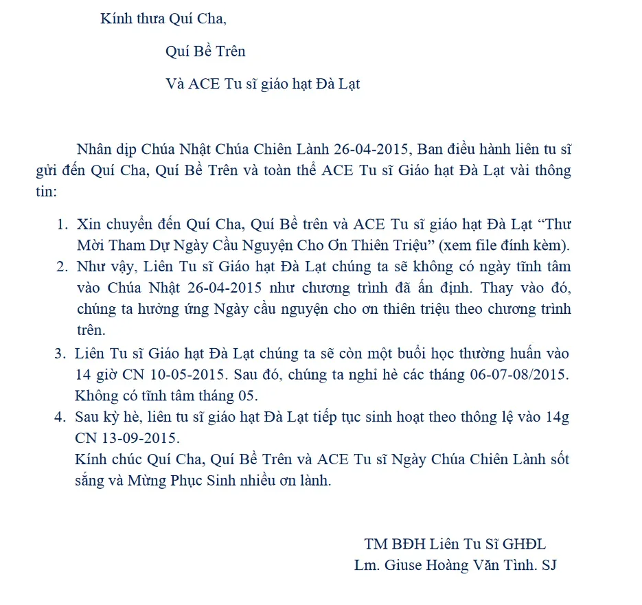 Liên Tu Sĩ Giáo Hạt Đàlạt: Thư Mời Các Anh Chị Em Tu Sĩ Tham Dự Ngày Cầu Nguyện Cho Ơn Thiên Triệu