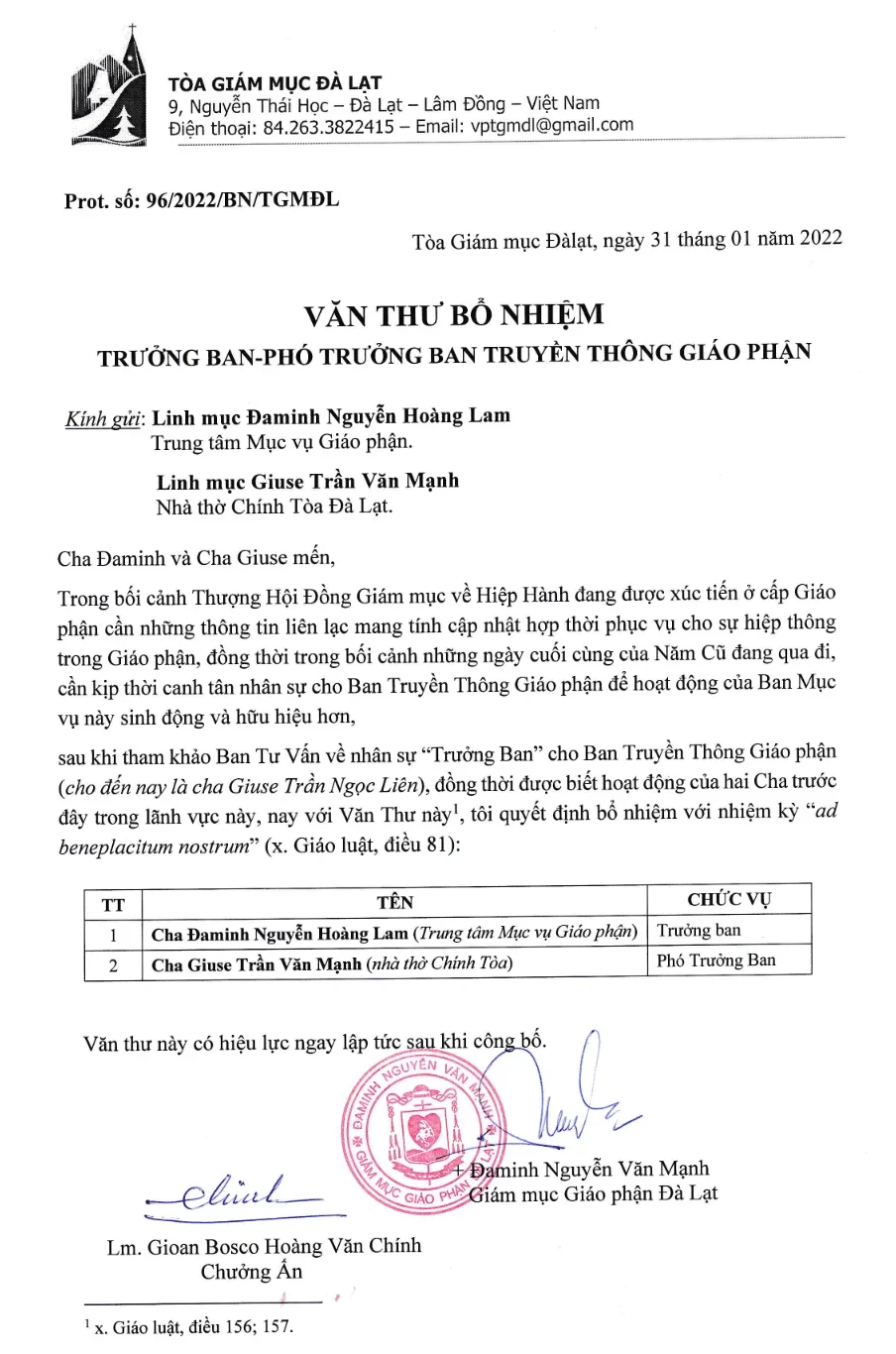 Văn Thư Bổ Nhiệm: Trưởng Ban – Phó Trưởng Ban Truyền Thông Giáo Phận