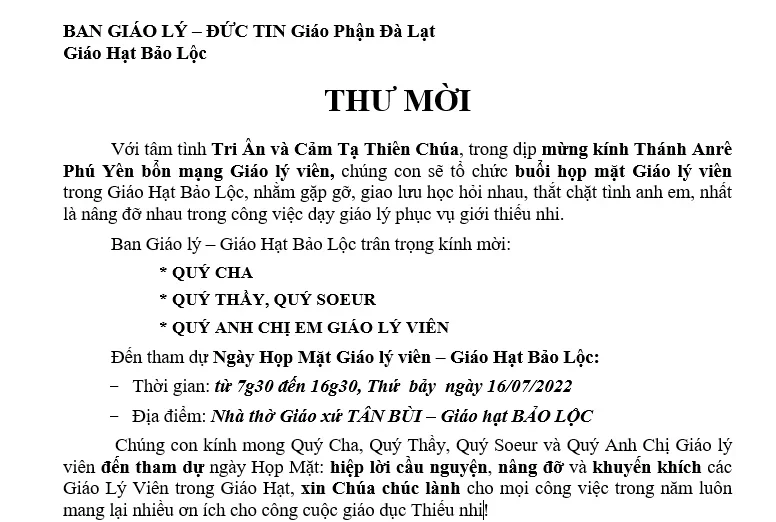 Thư mời tham dự ngày Họp Mặt Giáo lý viên – Giáo Hạt Bảo Lộc