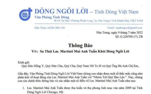 Sa thải Linh mục Martinô Mai Anh Tuấn khỏi Dòng Ngôi Lời