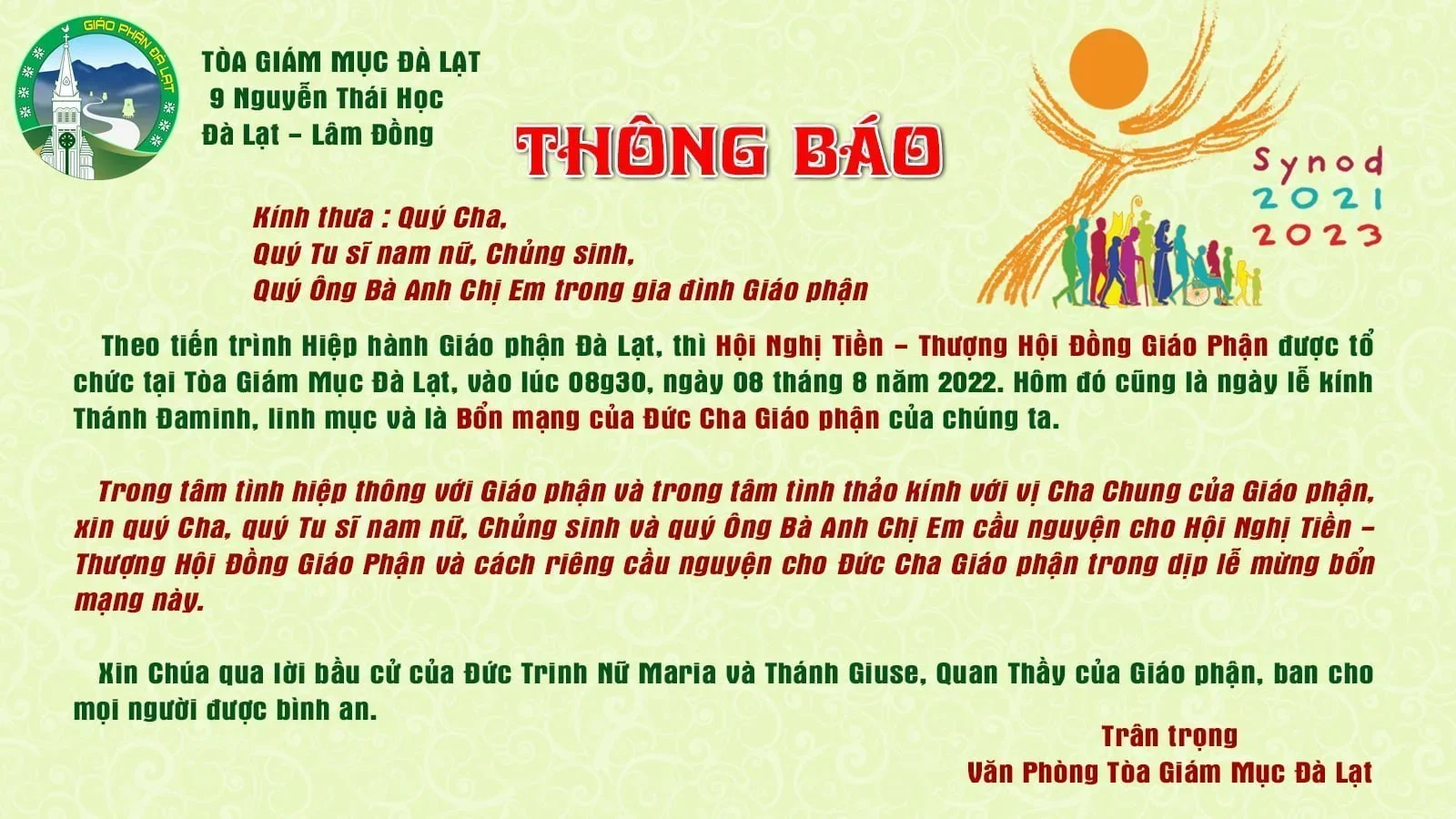 Thông Báo của Tòa Giám Mục về Tiến Trình Hiệp Hành và Mừng Bổn Mạng Đức Cha Đaminh, Giám mục Giáo phận