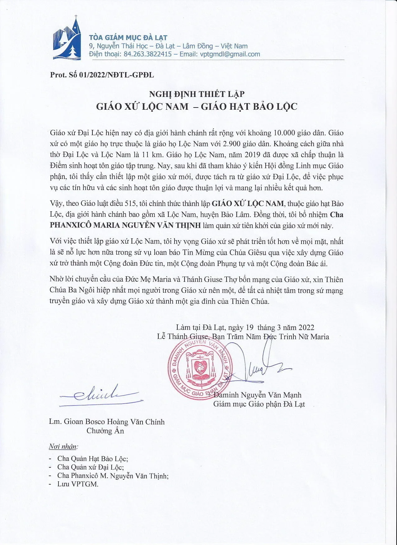 Văn Phòng TGM Đà Lạt: Nghị Định Thiết Lập Giáo Xứ Lộc Nam – Giáo Hạt Bảo Lộc