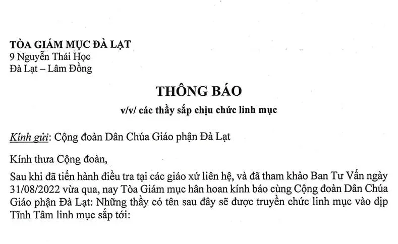 Thông Báo v/v Các Thầy Sắp Chịu Chức Linh Mục vào ngày 11/11/2022