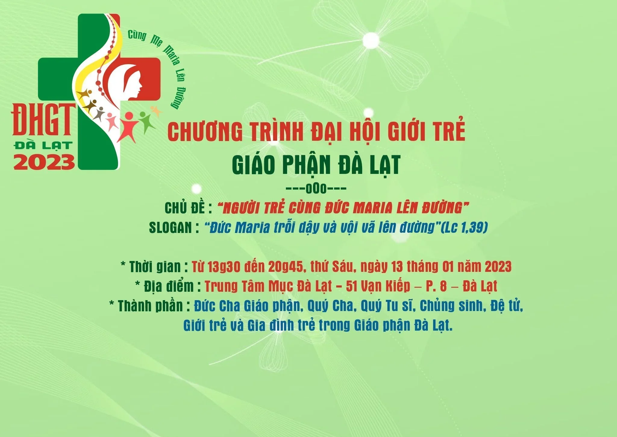 CHƯƠNG TRÌNH ĐẠI HỘI GIỚI TRẺ – GIÁO PHẬN ĐÀ LẠT – Ngày Thứ Sáu, 13/01/2023, tại Trung Tâm Mục Vụ