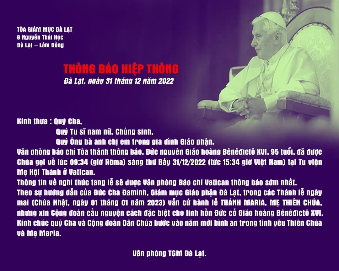 Thông Báo Hiệp Thông Cầu Nguyện cho Đức Giáo Hoàng Bênêđictô XVI đã được Chúa gọi về