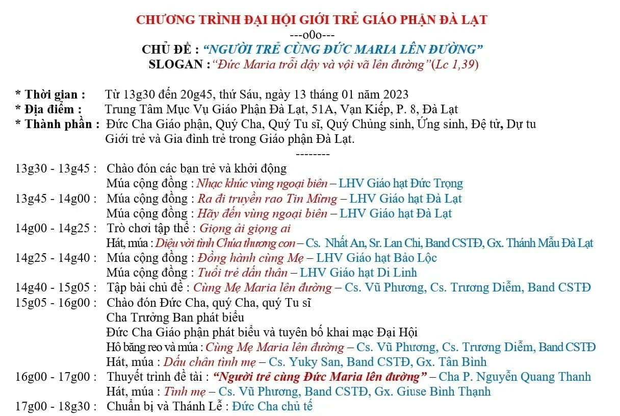 CHƯƠNG TRÌNH ĐẠI HỘI GIỚI TRẺ GIÁO PHẬN ĐÀ LẠT 2023
