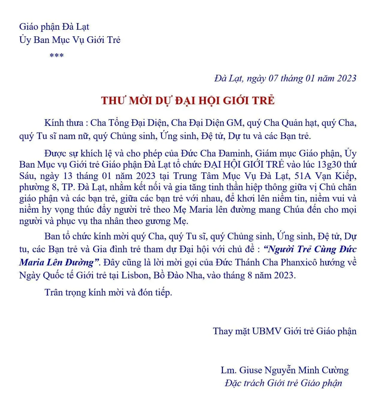 THƯ MỜI DỰ ĐẠI HỘI GIỚI TRẺ 2023