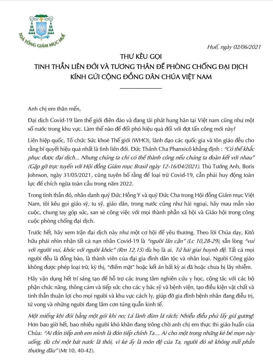 HĐGMVN, Thư Kêu Gọi Tinh Thần Liên Đới Và Tương Thân Đề Phòng Đại DịchGửi Cộng Dồng Dân Chúa VN