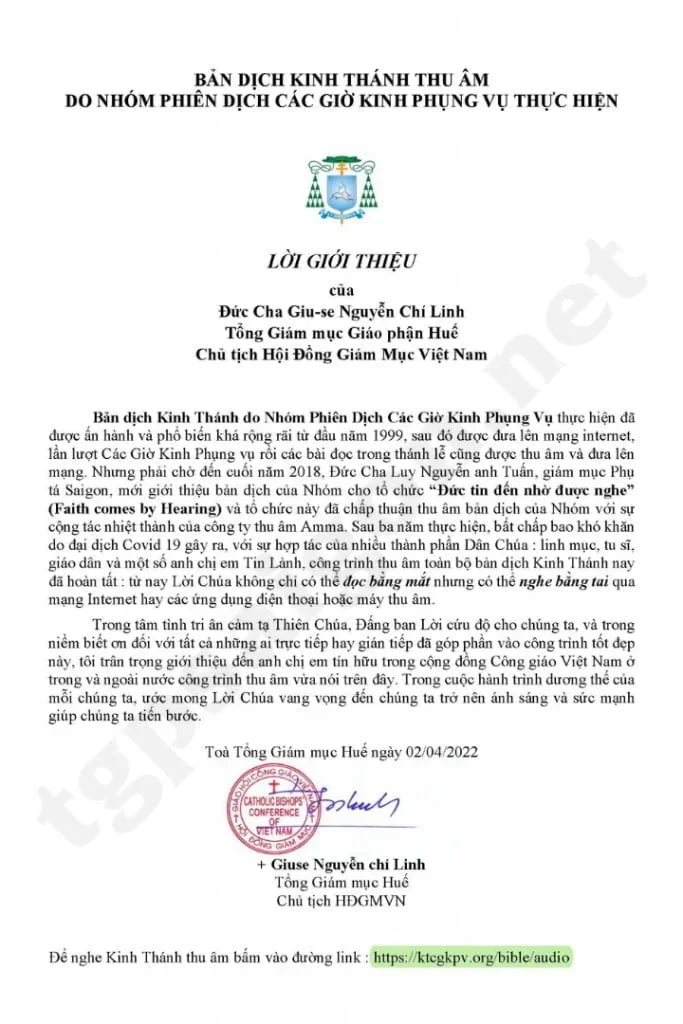 Bản Dịch Kinh Thánh Thu Âm Do Nhóm Phiên Dịch Các Giờ Kinh Phụng Vụ Thực Hiện