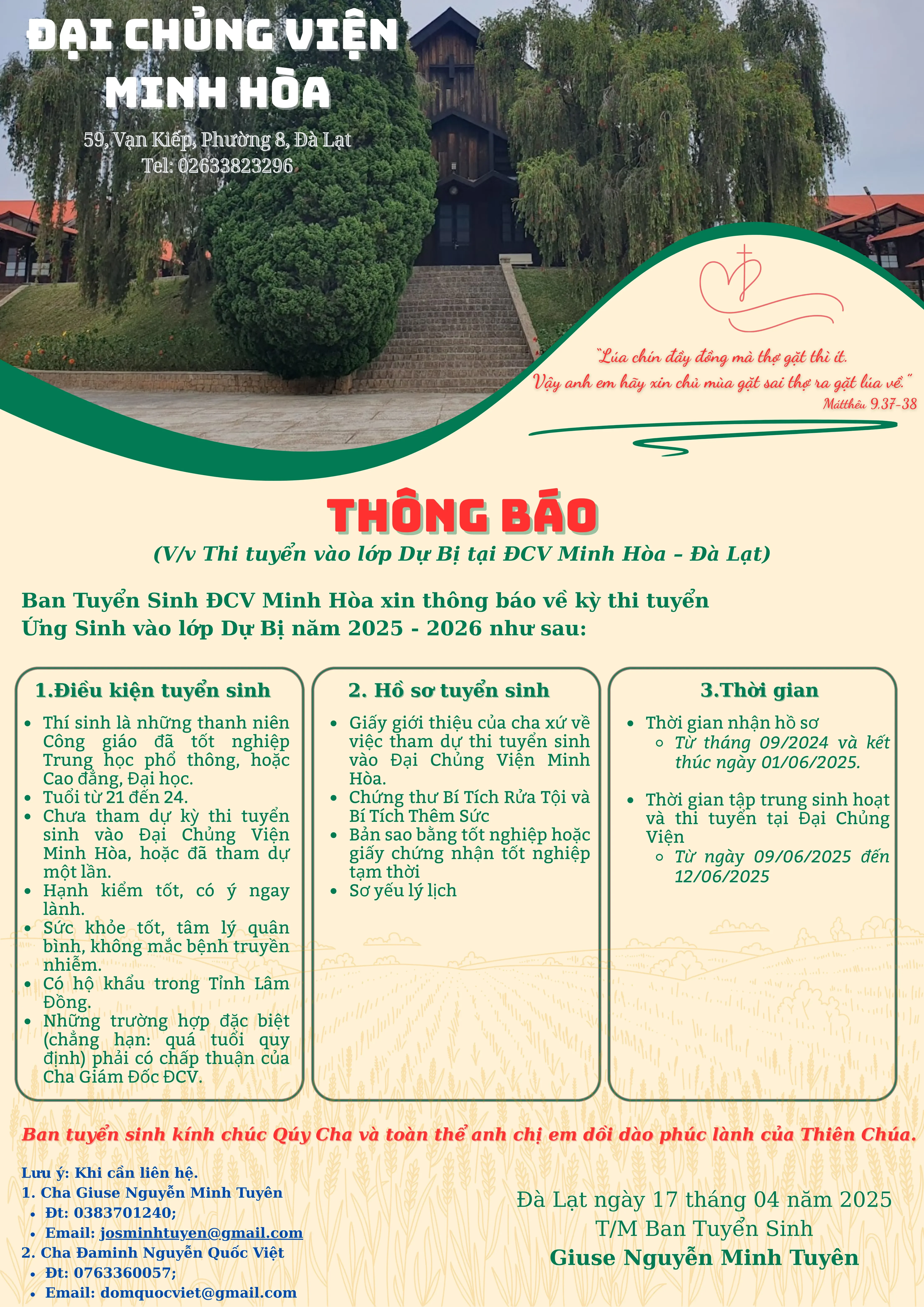 Thi tuyển vào lớp Dự Bị tại ĐCV Minh Hòa – Đà Lạt