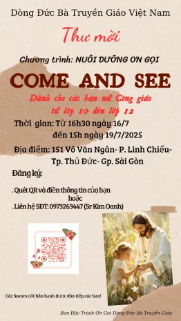 Dòng Đức Bà Truyền Giáo – Thư Mời Tham Dự Khóa Tìm Hiểu Ơn Gọi Come And See 2025