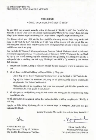 Thông cáo của Uỷ ban Giáo lý Đức tin / HĐGMVN về điều được gọi là “Sứ điệp từ trời”