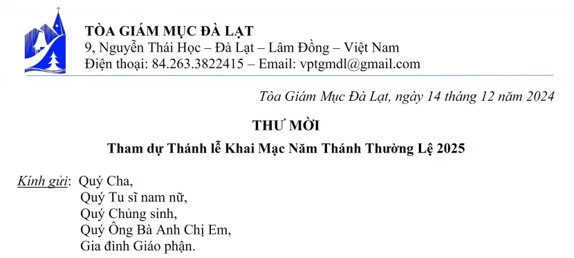Thư Mời Tham Dự Thánh lễ Khai Mạc Năm Thánh Thường Lệ 2025