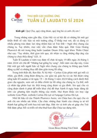 Thư Mời Gọi Hưởng Ứng “TUẦN LỄ LAUDATO SÍ 2024”