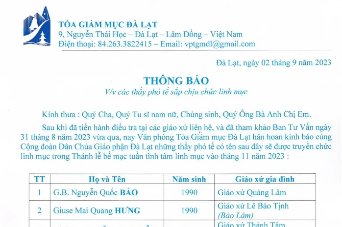 Thông Báo Tiến Chức Linh Mục 2023